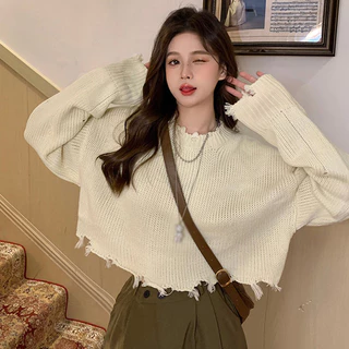 Áo Sweater Croptop Cổ Tròn Dáng Rộng Màu Trơn Phong Cách Hàn Quốc Trẻ Trung