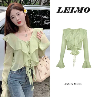 Áo Sơ Mi chiffon Ngắn Tay Dài Thiết Kế Diềm Xếp Nếp Phong Cách Mới Dành Cho Nữ