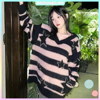 Áo sweater Dệt Kim Tay Dài Dáng Rộng Kẻ Sọc Thời Trang Thu Đông Cho Nữ