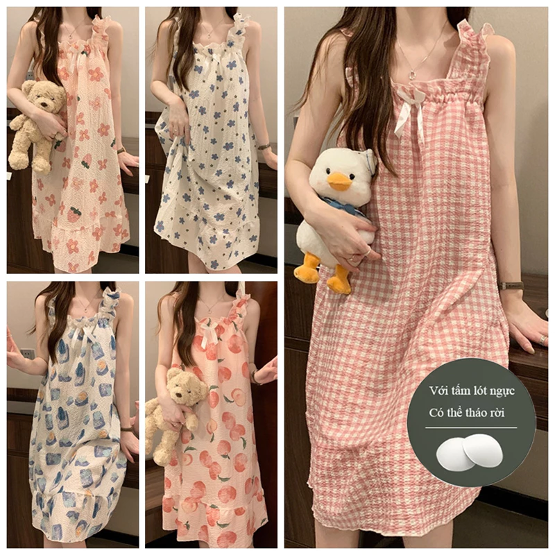 Váy ngủ 2 dây Suông  Đầm Ngủ Sát Nách Vải Cotton Có Mút Đệm Ngực Tháo Rời Được 100kg Thời Trang Mùa Hè Dễ Thương Cho Nữ Lff0626