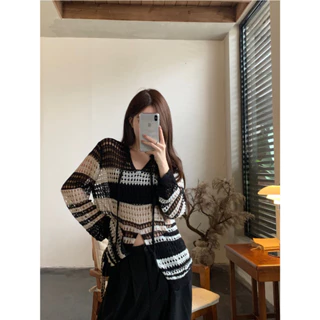 LANJIEXI Áo sweater Chống Nắng Cổ Chữ v Kẻ Sọc Trắng Đen Phong Cách retro Dễ Phối Đồ Thời Trang Cho Nữ