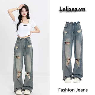 Lalisas Quần Jean Nữ Ống Rộng Lưng Cao Rách Gối Phong Cách retro Mỹ