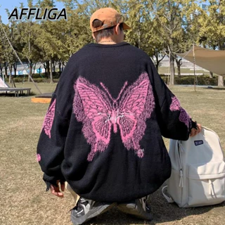 ✦AFFLIGA✦ Áo sweater dệt kim AFFLIGA thêu chữ và bướm phong cách đường phố Hàn Quốc thời trang cho nam