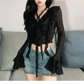 TODOBLACK Áo crop top Lưới Tay Dài Cổ Chữ v Màu Đen Phong Cách Hàn Quốc Gợi Cảm Cho Nữ