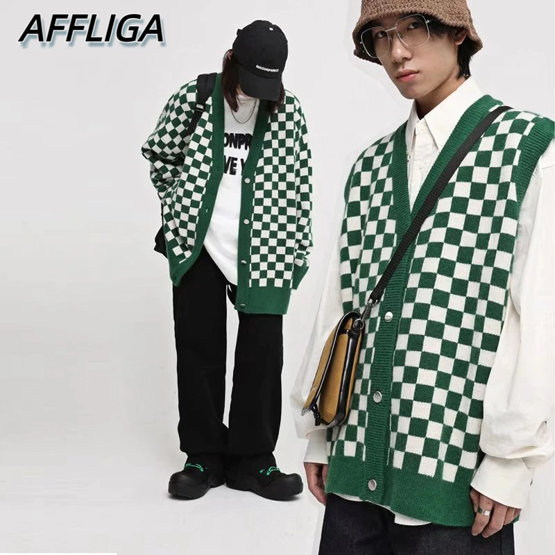 ✦AFFLIGA✦ Áo Khoác Cardigan Dệt Kim Màu Trơn Họa Tiết Cờ Vua Thời Trang Hàn Quốc Cho Nam