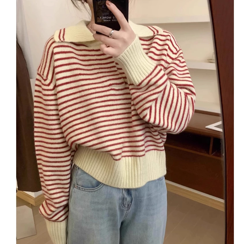 Áo sweater Dệt Kim Chui Đầu Dáng Rộng Cổ polo Kẻ Sọc 3 Màu Tùy Chọn Chất Lượng Cao Phong Cách Hàn Quốc Cho Nữ