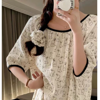 ❤Bộ đồ ngủ nữ ❤Đồ Bộ Pijama Dài Tay  mặc nhà chất liệu xốp nhún áo cộc quần dài siêu mềm mịn