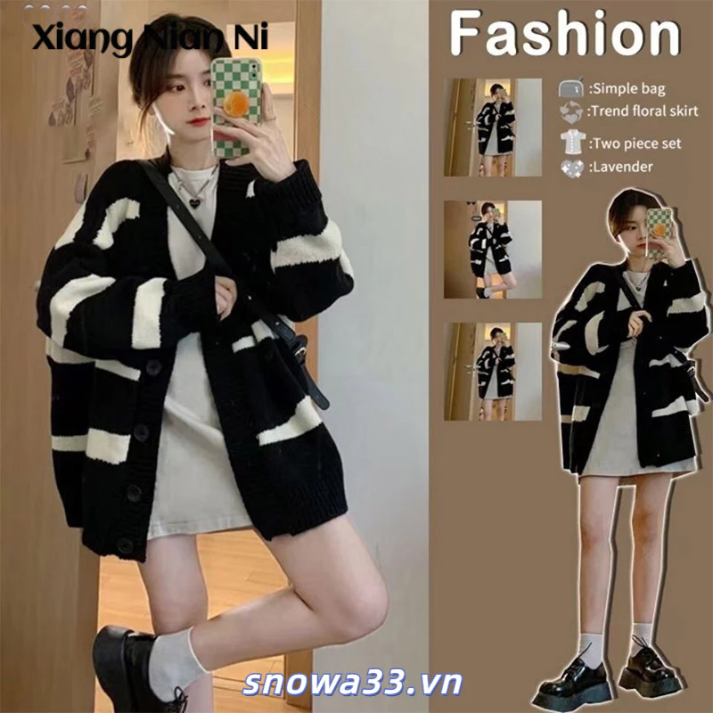 Xiang ni Áo Khoác cardigan Len Dệt Kim Dáng Rộng Thiết Kế Không Đồng Đều Kẻ Sọc Phong Cách Hàn Quốc Thu Đông Mới Cho Nữ