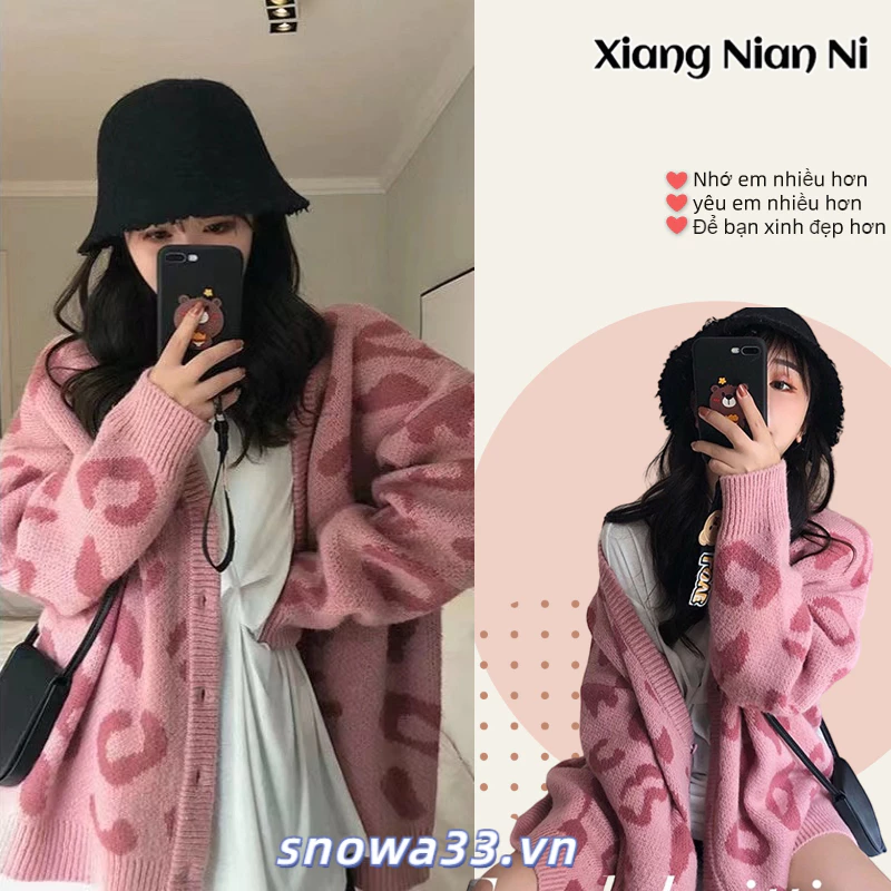 Xiang Nan Áo Khoác cardigan Len Dệt Kim Dáng Rộng Cổ Chữ v in Họa Tiết Da Báo Phong Cách Hàn Quốc Thu Đông Dành Cho Nữ