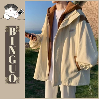 Áo khoác Hoodie Giả Hai Lớp Hai mảnh giả Dáng Rộng  Chất liệu nhung Thiết kế dây kéo đôi áo khoác nam có mũ Thời trang áo khoác hàn quốc unisex