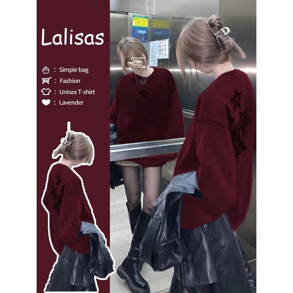 【LALISAS】Áo Sweater Mỏng Tay Dài Dáng Rộng In Chữ Màu Đỏ Rượu Vang Phong Cách Hàn Quốc Thời Trang Mùa Thu Cho Nữ