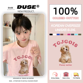 「DUSE」Áo Thun 100% cotton Tay Ngắn Dáng Rộng In Hình Chú Chó Dễ Thương Phong Cách Hàn Quốc Cho Nữ