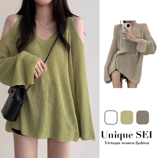 Áo sweater Dệt Kim Tay Dài Dáng Rộng Cổ Chữ v Thời Trang Cho Nữ 40-70kg