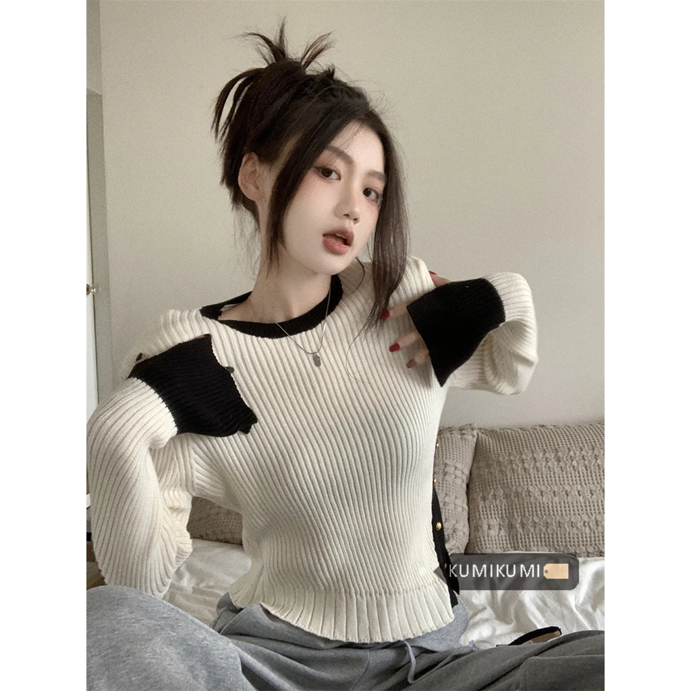 Kumikumi Mới Áo Croptop Dệt Kim Tay Dài Cổ Tròn Dáng Ôm Thiết Kế Xẻ Tà Thời Trang Mùa Thu Phong Cách Hàn Quốc Cho Nữ