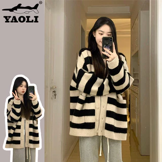 YAOLI  Áo Khoác cardigan Dệt Kim Kẻ Sọc Kiểu retro Nhật Bản Xinh Xắn Cho Nữ