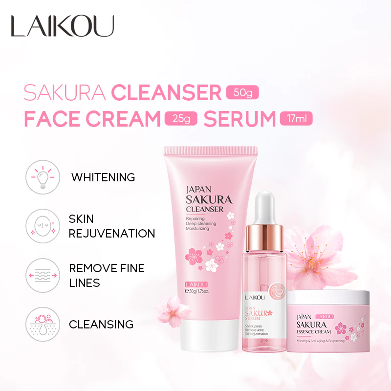 Set mỹ phẩm chăm sóc da LAIKOU gồm sữa rửa mặt 50g serum 17ml kem dưỡng da mặt 25g chiết xuất hoa anh đào Nhật Bản