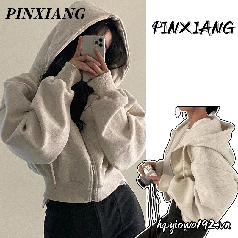 Pinxiang Áo sweatshirt Dáng Ngắn Ôm Sát Có Khóa Kéo Thời Trang Đa Năng Mới Dành Cho Bạn Nữ