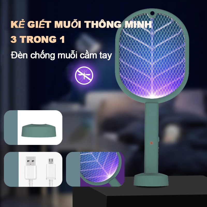 [free Base + Cáp Sạc] Vợt Muỗi Điện Hai Chức Năng Chống Sốc Có Thể Sạc Lại Bằng Cổng usb Dùng Trong Nhà