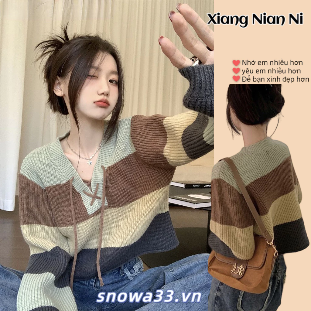 Xiang Nan Áo sweater Dệt Kim Tay Dài Dáng Rộng Ngắn Cổ Chữ v Màu Cà Vạt Tương Phản Thiết Kế Mới Mùa Thu Đông Cho Nữ