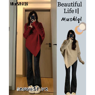 Mushiqi Áo sweater Cổ Lọ Lệch Tà Kiểu Hàn Quốc Xinh Xắn Cho Nữ