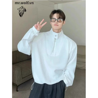 Áo sweater nam  tay dài đẹp phong cách hàn quốc cổ đứng nửa zip giản màu trơn dáng rộng thời trang mới thu đông lẻo cao cấp  rộng rãi và