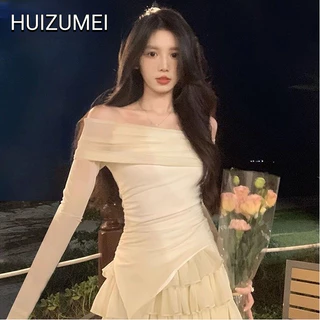 HUIZUMEI Áo Croptop Trễ Vai Phong Cách Hàn Quốc Cho Nữ