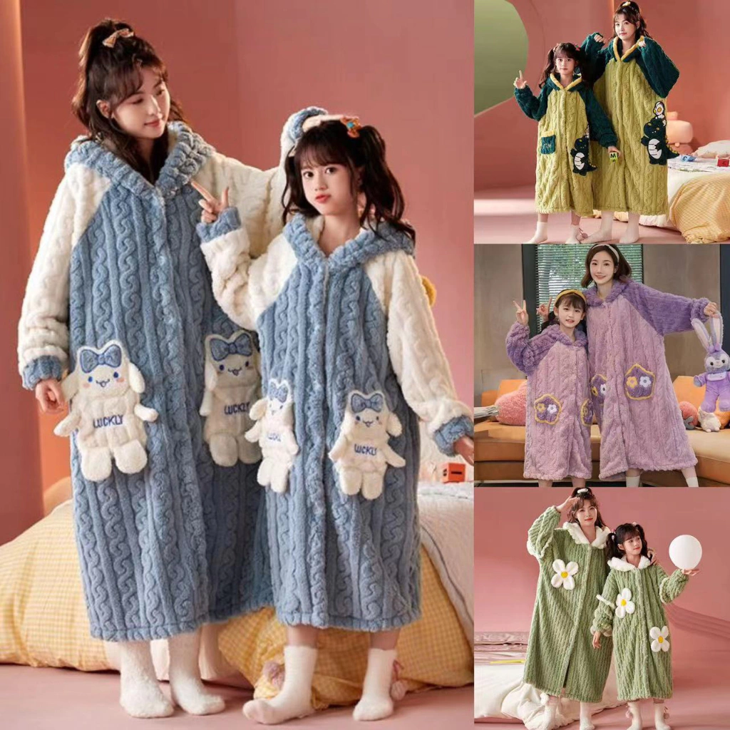 [Hàng Có Sẵn] Bộ Đồ Ngủ flannel Dày Mùa Đông Phong Cách Hoạt Hình Cho Mẹ Và Bé