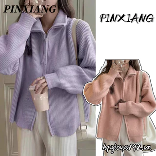 PINXIANG  Áo sweater Cổ Đứng Phối Khóa Kéo Đôi Phong Cách Hàn Quốc Thời Trang Cho Nữ