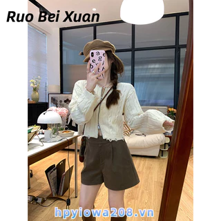 Ruo Beixuan Áo Khoác cardigan Dệt Kim Mềm Dáng Rộng Ngắn Phối Lỗ Dây Kéo Xoắn Kiểu retro Nhật Bản Thời Trang Thu Đông