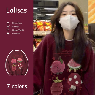 Lalisas Áo Sweater Mỏng Tay Dài Cổ Tròn Oversize Màu Đỏ Rượu Vang Phong Cách retro Mỹ Mùa Thu Cho Nữ