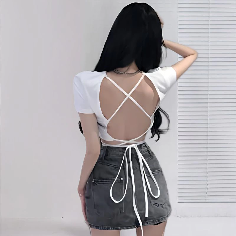 Áo Thun Croptop Tay Ngắn Hở Lưng Dáng Ôm Phong Cách Retro Mỹ Thời Trang Mùa Hè Quyến Rũ Cho Nữ