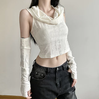 Áo crop top Màu Xám Trơn Có Mũ Trùm Phong Cách vintage