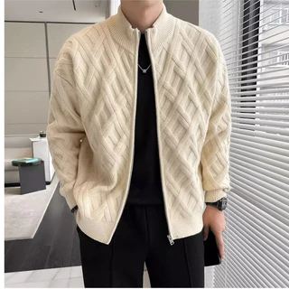 Đứng Cổ Áo Cardigan Dệt Kim Áo Khoác Ngoài Nam Thu Đông Áo Len Nam 2023 Cao Cấp Nam Kiểm Tra Áo Len Áo Khoác M-3XL