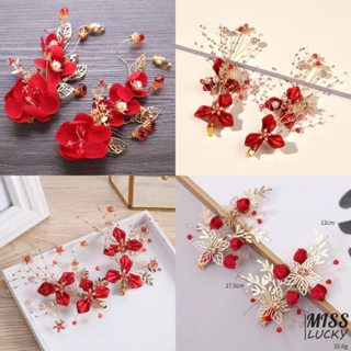 Kẹp tóc hình hoa đỏ đính đá giả kim cương sáng bóng handmade phong cách Trung Hoa thời trang cho cô dâu