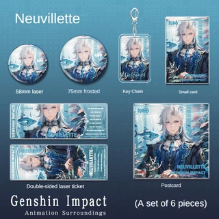 Genshin Impact Bộ Quà Tặng gồm Chìa khóa Keychain Badge, Thẻ nhỏ Mini Card, Bưu thiếp Postcard và Vé laze Laser Ticket Neuvillette TKXQ1