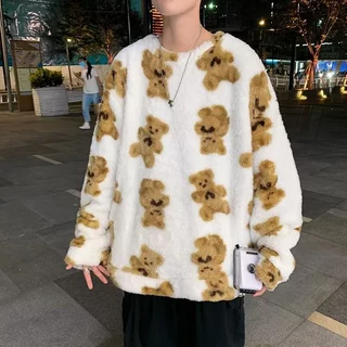 Áo sweater Lông Cừu Cổ Tròn Dáng Rộng In Hình Hoạt Hình Phong Cách Hàn Quốc Thời Trang Thu Đông Cho Nam