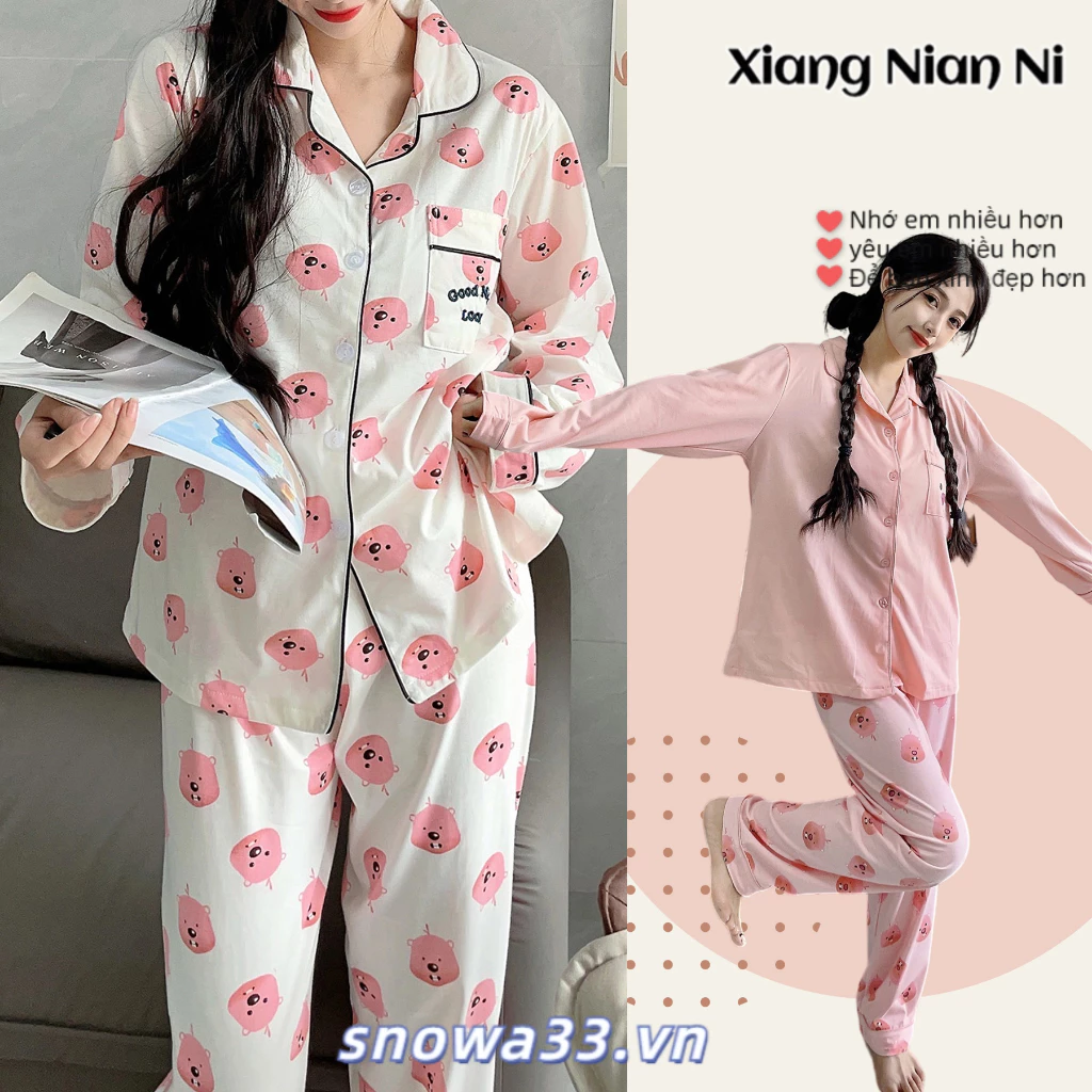 Bộ đồ ngủ XIANG NIAN NI cotton 100% màu hồng tay dài có bịt mắt phong cách Hàn Quốc thu đông cho nữ mặc nhà