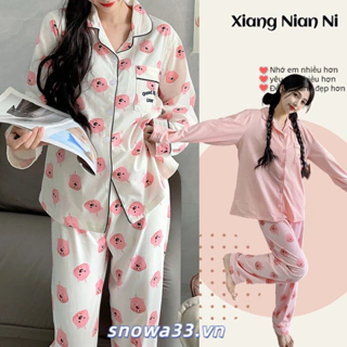 Bộ đồ ngủ XIANG NIAN NI cotton 100% màu hồng tay dài có bịt mắt phong cách Hàn Quốc thu đông cho nữ mặc nhà