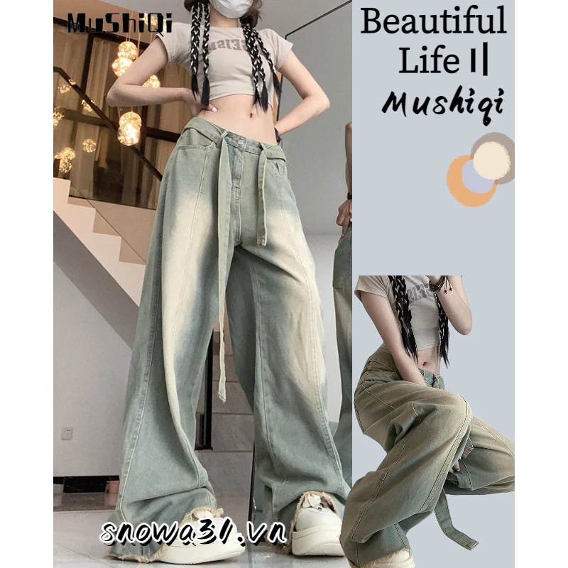 Mushiqi Quần Yếm denim Ống Rộng Phong Cách retro Mỹ Cho Nữ