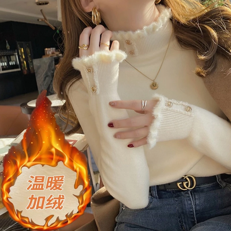YAYUAN Áo len dài tay nữ dày lót