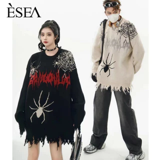 Áo sweater Dệt Kim Tay Dài Dáng Rộng Cổ Tròn In Hình Nhện Phong Cách hip hop Mỹ Thời Trang Thường Ngày Cho Cả Nam Và Nữ