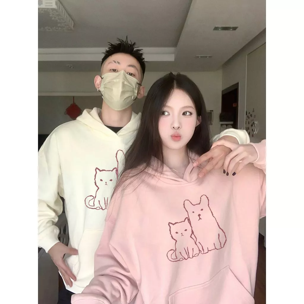 ihkke Áo Hoodie Màu Hồng In Hình Mèo Dễ Thương Thời Trang unisex 2023 Mới