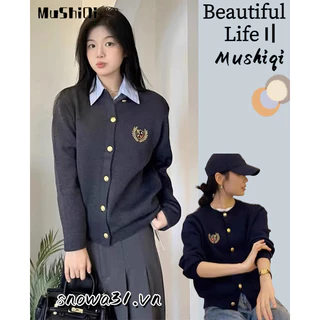 Mushiqi Áo Khoác cardigan Dệt Kim Cổ Tròn Dáng Rộng Thêu Họa Tiết Xinh Xắn Cho Nữ