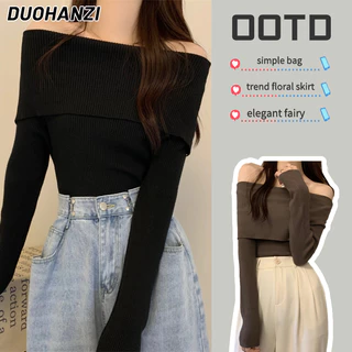 DUOHANZI Áo sweater trễ vai màu trơn thời trang thu đông cho nữ