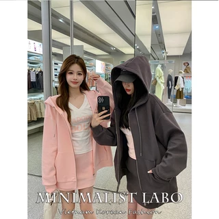 Minimalist Labo Áo Khoác cardigan Có Nón Trùm Đầu Màu Xám Xám Xám Hồng Dáng Rộng Giản Dị Ngoài Trời