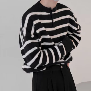 Áo sweater Cổ Tròn Dáng Rộng Họa Tiết Kẻ Sọc Đơn Giản Thời Trang Cho Nam