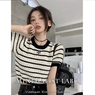 Minimalist Labo Áo croptop dệt kim tay ngắn họa tiết kẻ sọc thời trang Hàn Quốc 2023 quyến rũ cho nữ