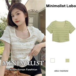 Minimalist Labo Áo Thun Cổ Vuông Eo Cao Phối Ren Phong Cách Phương Tây