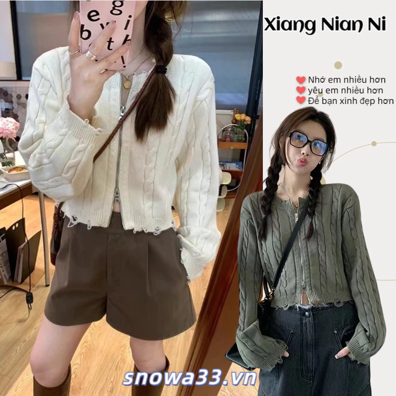 Xiang ni Áo Khoác cardigan Dệt Kim Mềm Ngắn Dáng Rộng Phối Lỗ Xoắn Có Khóa Kéo Kiểu retro Nhật Bản Thời Trang Thu Đông