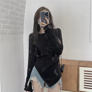 QADCOL Áo sweater Mỏng Tay Dài Khoét Lỗ Màu Đen Thời Trang Mùa Thu Cho Nữ